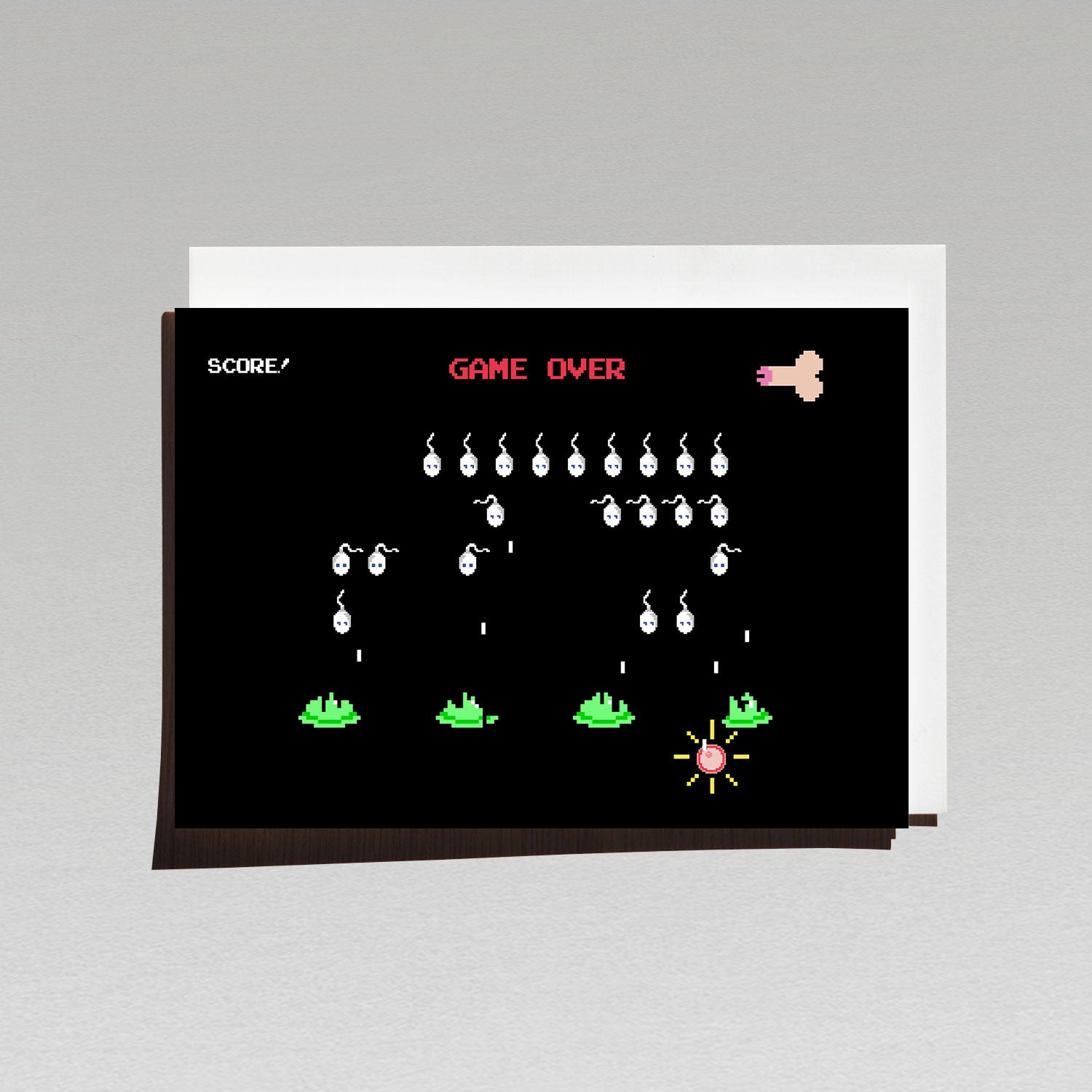 Sperm Invaders Retro 8 bit gaming Space Invaders inspired pregnancy announcement parody greeting card with sperm as aliens trying to hit an egg and text Game Over